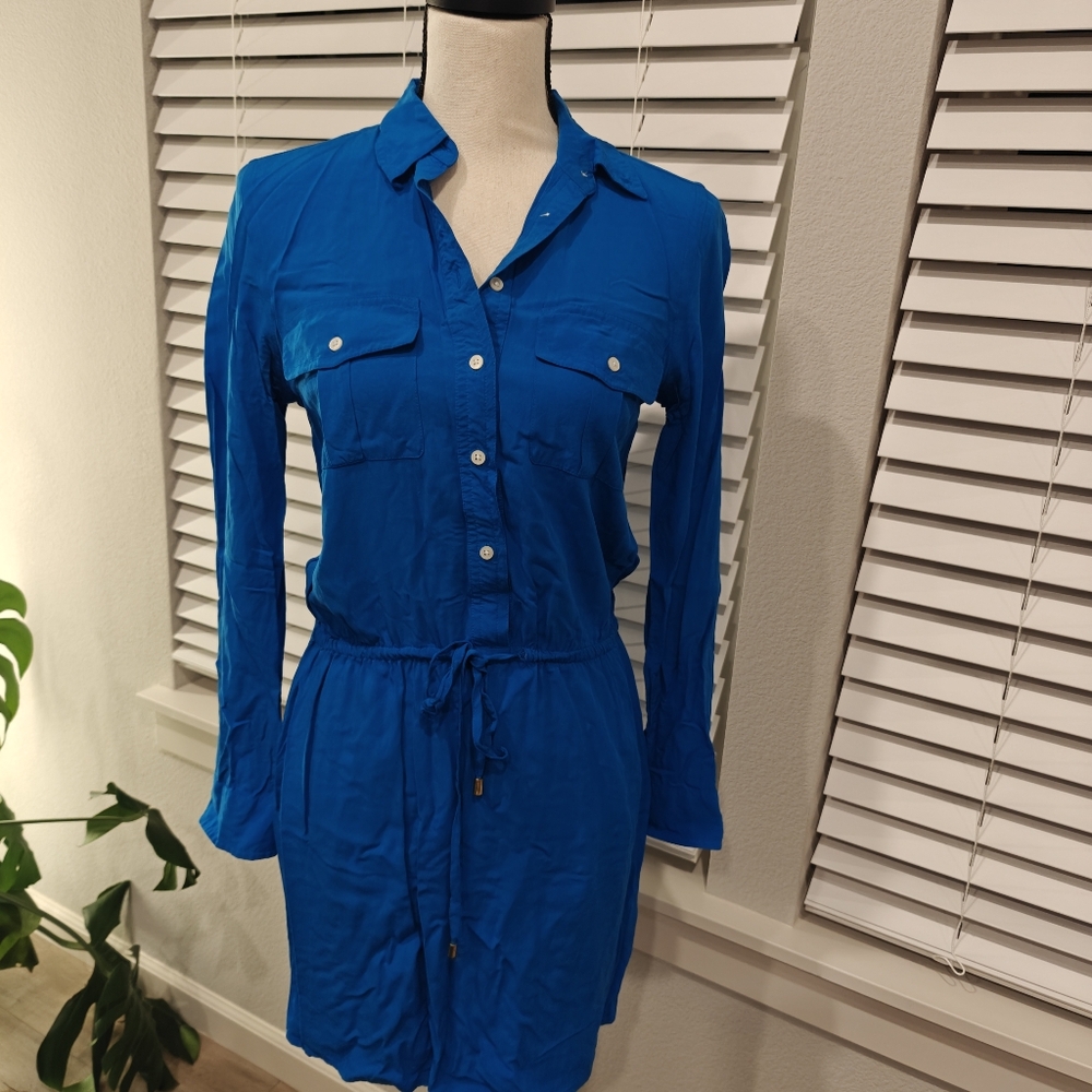 Ralph Lauren Shirt Dress Button Front Viscose Tie Waist Coastal LRL
